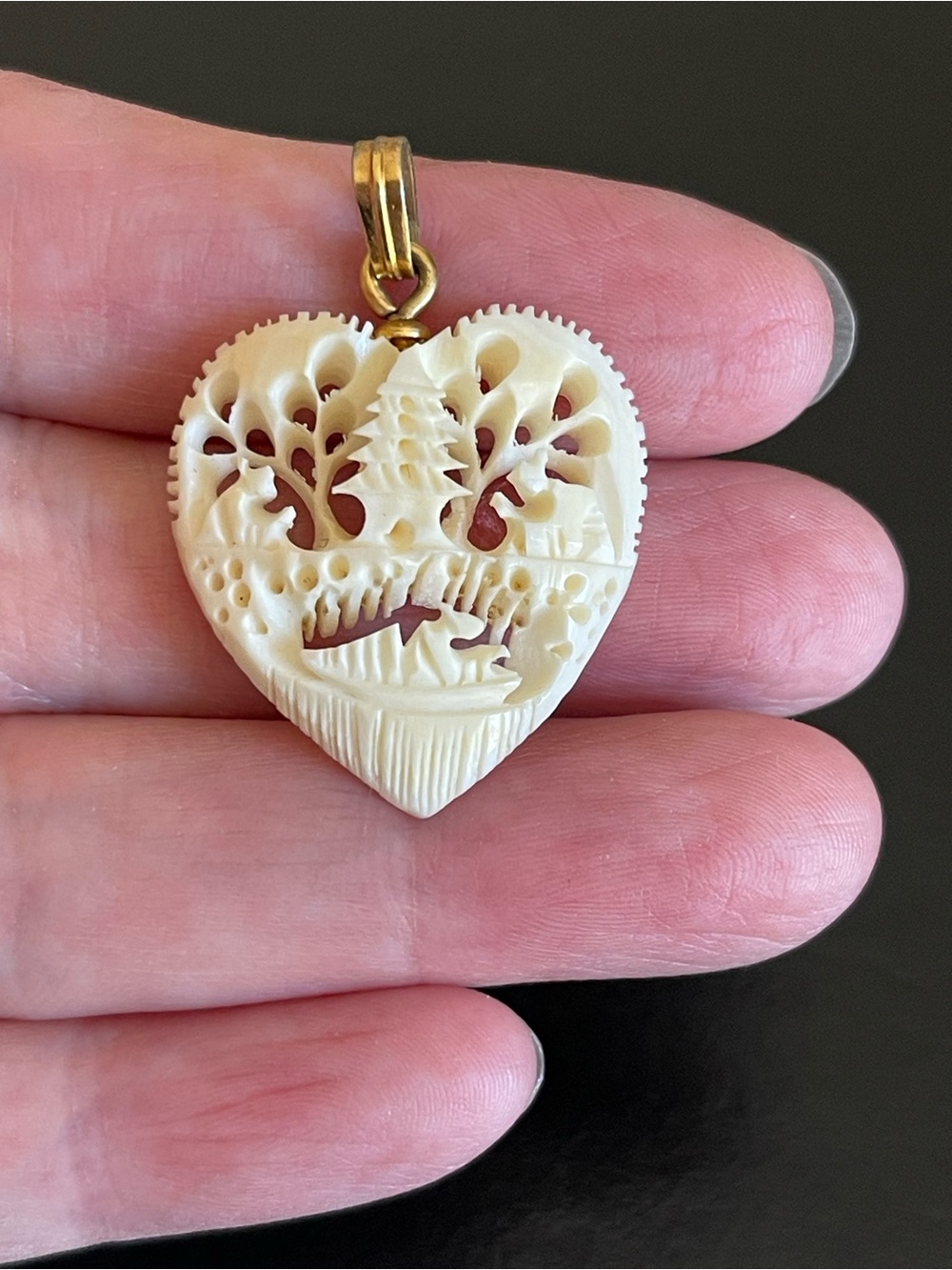 Vintage hand carved natural Ivory Heart-Shaped pendant.